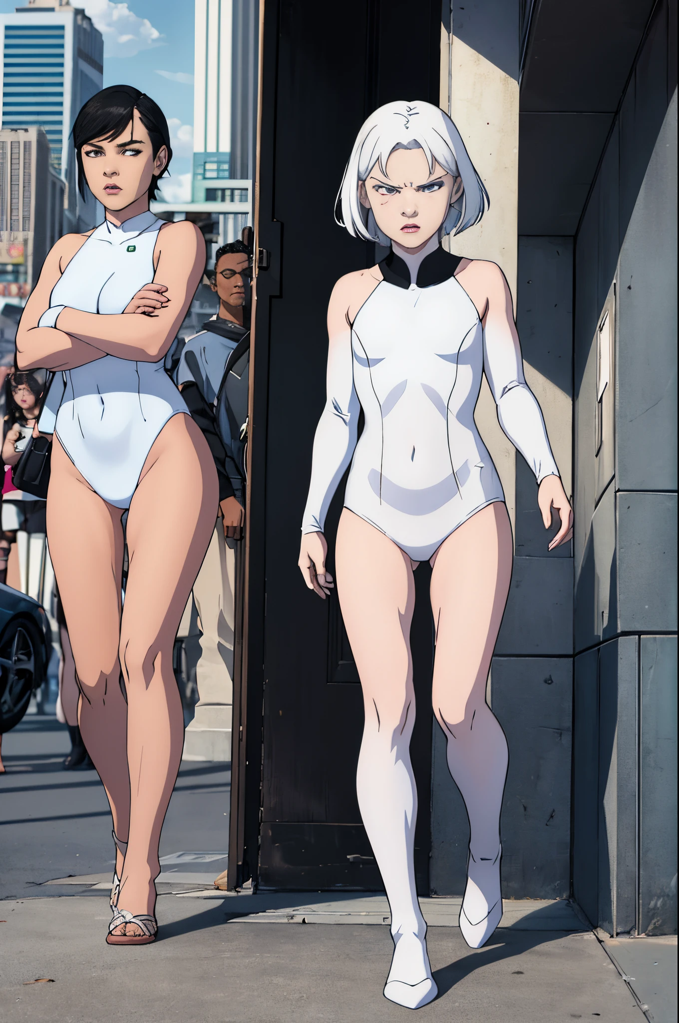 1girl, girl, pale skin, metallic white long sleeve swimsuit, black short hair, little body, close mouth, angry face, white shining eyes, full body, crossing arms, city scenary, high quality, perfect details, day, sun illumination, superhero style