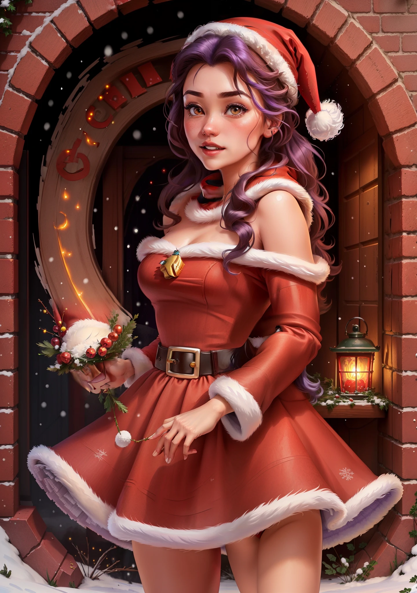 (BelleWaifu:1), (red santa claus hat:1.5), Snow in the background, Surprised, Cute, cute pose, looking at the viewer, (Square hairstyle), (purple hair), (red skirt:1.2), (purple fluffy sweater on a naked body:1.2), :D, (Realistic: 1), (cartoony), (Masterpiece: 1.2), (Best Quality), (over-detailed), (8K, 4k, Intricate), (full-body shooting: 1), (Cowboy shot: 1.2), (85 mm), light particles, illumination, (Very detailed: 1.2), (Detailed Face: 1.2), (gradients), SFW, Colorful, (詳細な目: 1.2), (detailed winter landscape, snowy trees, garden, lock:1.2),(Detailed background), Detailed landscape, (Dynamic Angle:1.2), (dynamicpose:1.2), (rule three_composition:1.3), (line of action:1.2), wide view, day light, 独奏