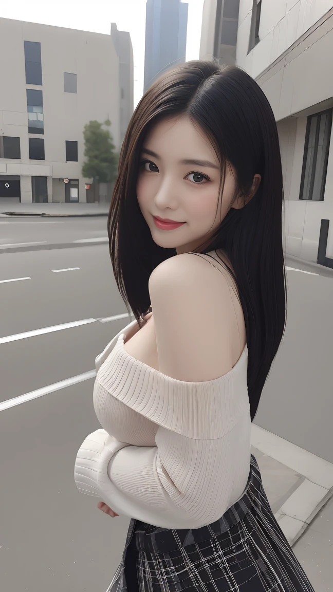 , A long wind blows [Blue-black:.3] the hair,looking at viewert, (tmasterpiece:1.3), (8K, realistically, RAW photos, Best quality: 1.4), japanes, (1 busty girl), Nice face, (Realistic face), (black hair color hair, Medium hair:1.3), Beautiful hairstyle, photorealistic eye, beautidful eyes, (Realistic skin), Beautiful skins, Attractive, 超高分辨率, hyper realisitc, The content is very detailed, the golden ratio, Blue fluffy loose sweater with black plaid skirt, long sleeve one shoulder sweater, Eternal, Front view, open stance, model posing, upper part of body, A sagging breast, Happy smile, night roof, looking over city, ultra - detailed, Super sharp, Focus sharp, K-pop idol, Japanese pop idol, plumw, Bigchest, A sagging breast,