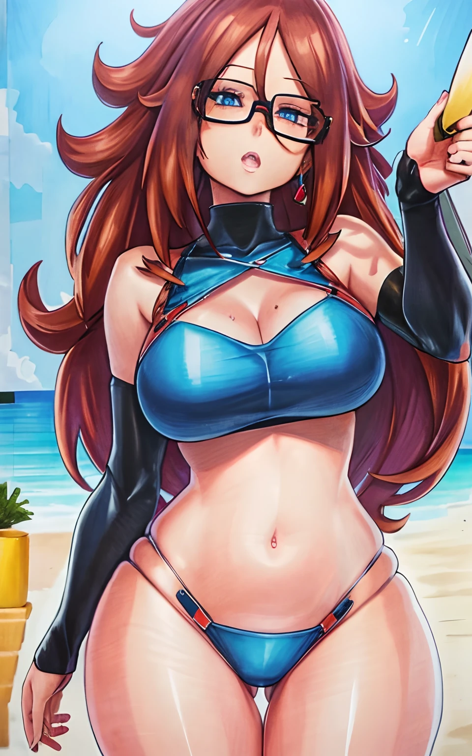 marker \(medium\), traditional media, unparalleled masterpiece, 8k uhd, perfect artwork, mature woman, android 21, brown hair, blue eyes, long hair, photo, anime, beach, ((bikini)), abdomen, cleavage, big boobs, thick thighs