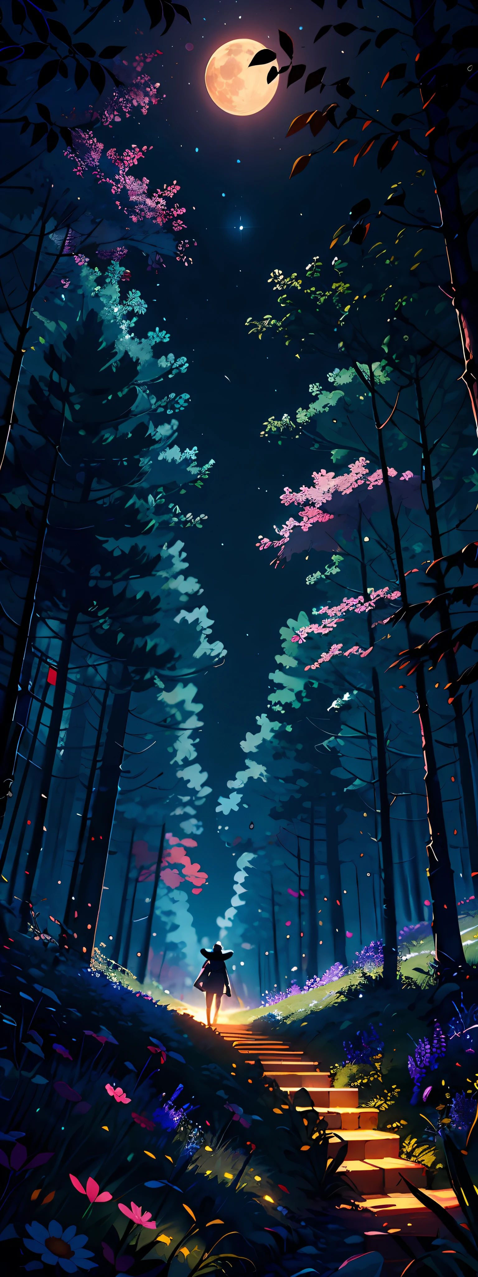 Expansive landscape photograph,(look from down,Above is the sky of fantasy,Below are open fields),A girl standing on a flower field looking up,(moon full:1.2),(meteors:0.9),(Starcloud:1.3),Far Mountain, Tree BREAK making art,(Warm light source:1.2),(glowworm:1.2),lamp lights,Lots of purple and orange,Complicated details,Volumetric lighting BREAK(tmasterpiece:1.2),(best qualtiy),4K,ultra - detailed,(dynamic compositions:1.4),detail-rich,plethora of colors,(Irridescent color:1.2),(with light glowing,Atmospheric lighting),dream magical,magical,(独奏:1.2)