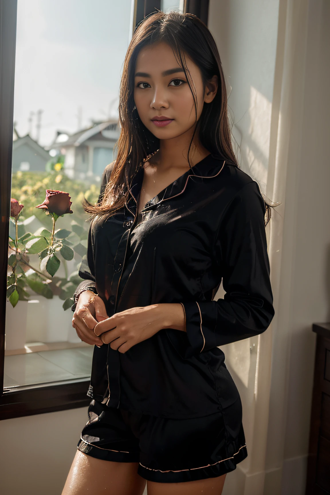 A gril surrounded by black roses, and the sunlight is streaming through the window, creating a warm and inviting atmosphere. She is wering her wet pajama, asia myanmar girl, realistic, best quality, photo-realistic 8k, (best quality:1.1), masterpiece, (realistic:1.1), photo-realistic