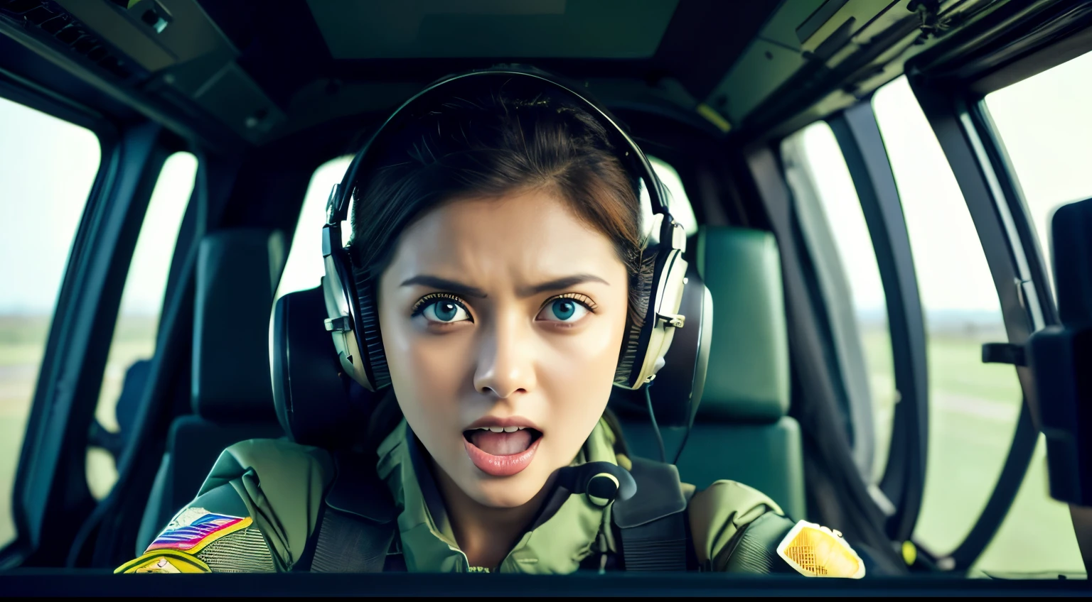 Beautiful woman wearing dark green pilot suit and helmet blue eyess. Brown-skinned Open Mouth and Screaming ~sit in the cockpit of a helicopter.