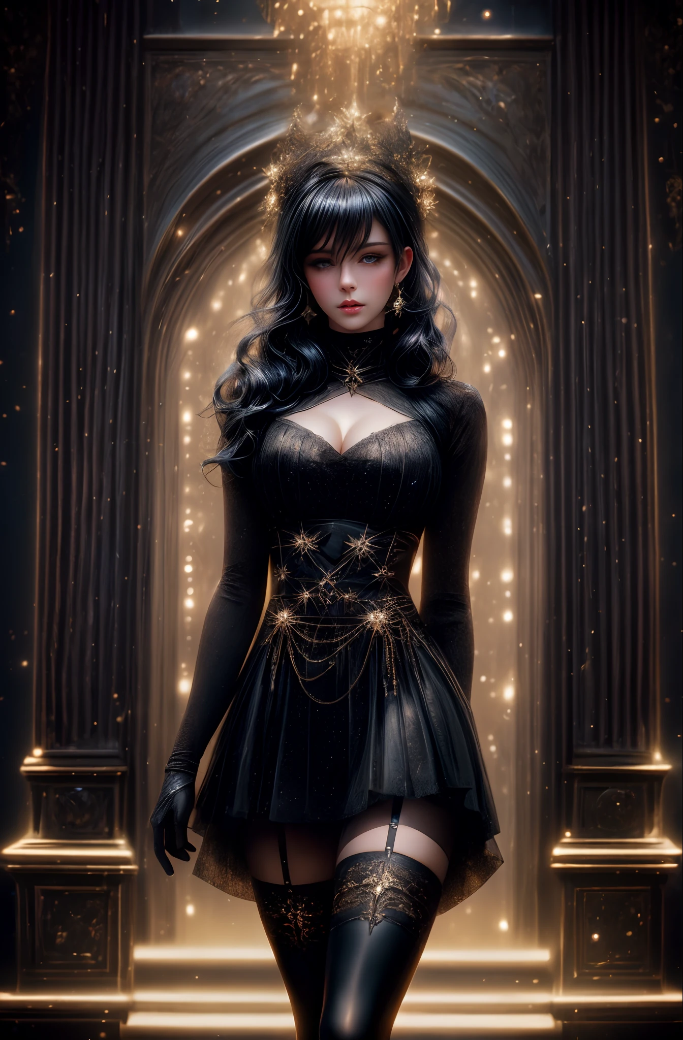 a beautiful woman in black tights and leather stockings, in the style of fairy academia, imitated material, gongbi, cabaret scenes, wavy resin sheets, ferrania p30, golden age aesthetics, soft light, 8k, octane render, cinematic, hyper detailed, ultra photorealistic, hyper-realistic --ar 85:128 --niji 5