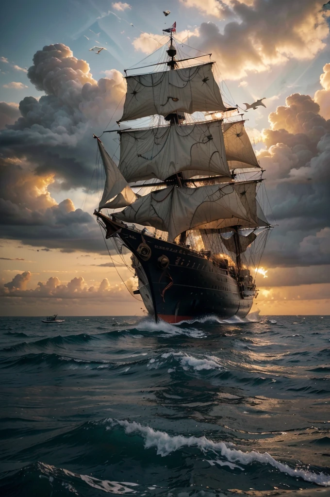 (best quality,4k,8k,highres,masterpiece:1.2),ultra-detailed,(realistic,photorealistic,photo-realistic:1.37), vivid colors, HDR, sunset, classic ship, war, sea, dramatic clouds, golden hues, stormy waves, cannonfire, brave sailors, billowing sails, battle scars, smoke and fire, raging sea, artillery explosions, sinking ships, majestic mast, historical conflict, intense atmosphere, seagulls, vivid sunset reflection on the water, heroic struggle, dark silhouettes, adventurous spirit, determination, bravery, epic naval battle.