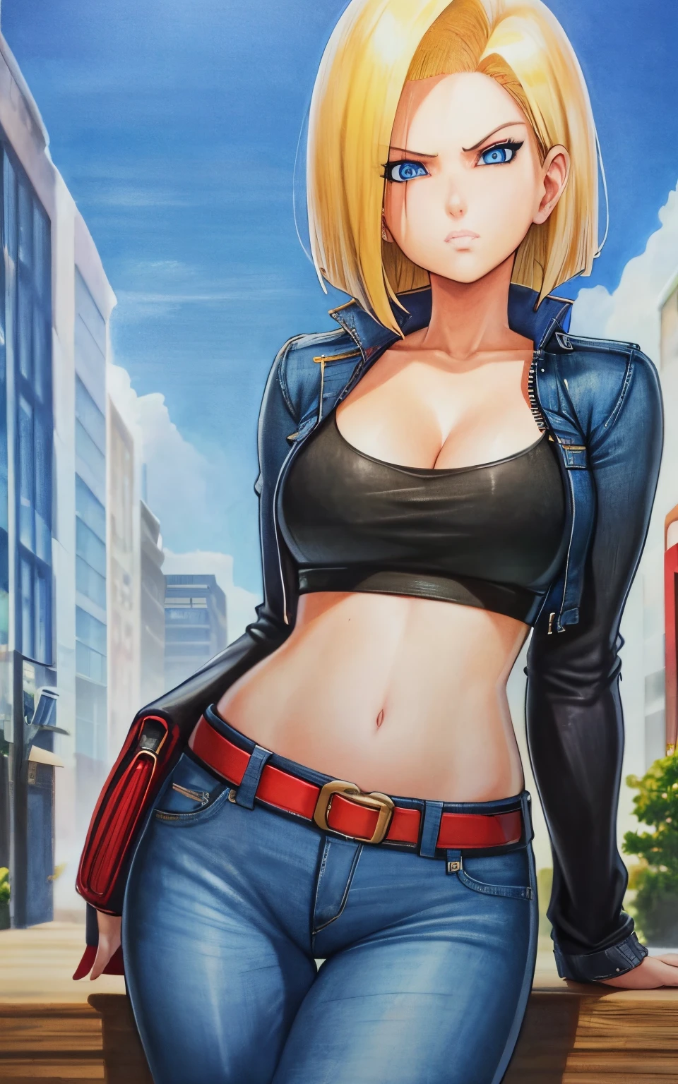 marker \(medium\), traditional media, unparalleled masterpiece, 8k uhd, perfect artwork, mature woman, android 18, blonde hair, blue eyes, short hair, photo, anime, tight black tshirt, crop top, denim jaket, cleavage