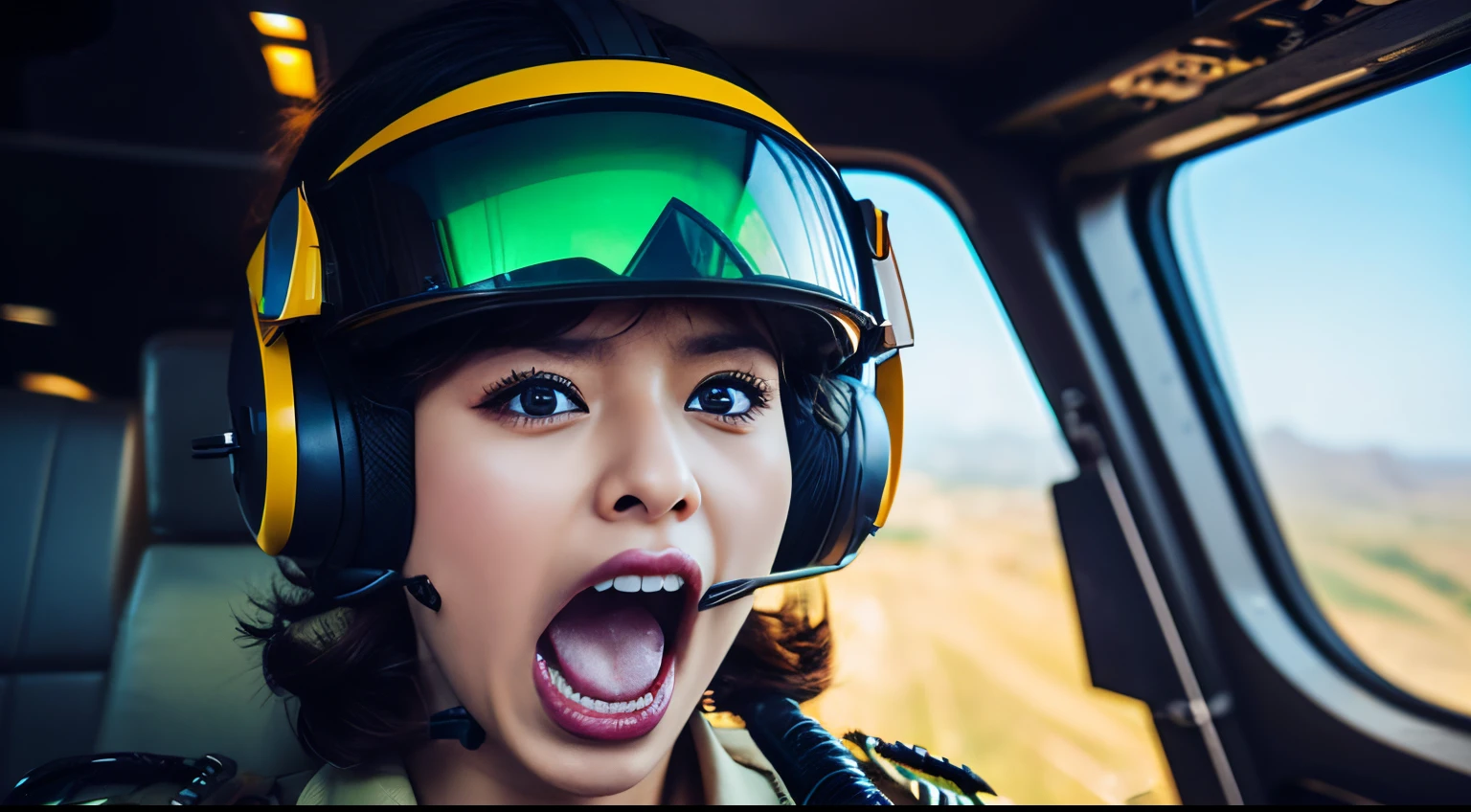 Beautiful woman wearing dark green pilot suit and helmet blue eyess. Brown-skinned Open Mouth and Screaming ~sit in the cockpit of a helicopter.