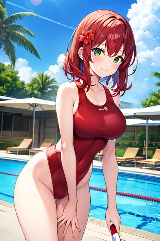 1girl, medium hair, red hair, flower ornament, hair ornament, ornament, one-piece swimsuit, red lines, red line, green eyes, blue swimsuit, competition swimsuit, large breasts, thick thighs, wide hips, pool, poolside, smile, light smile, 2d, anime style, anime screencap, blue competition swimsuit