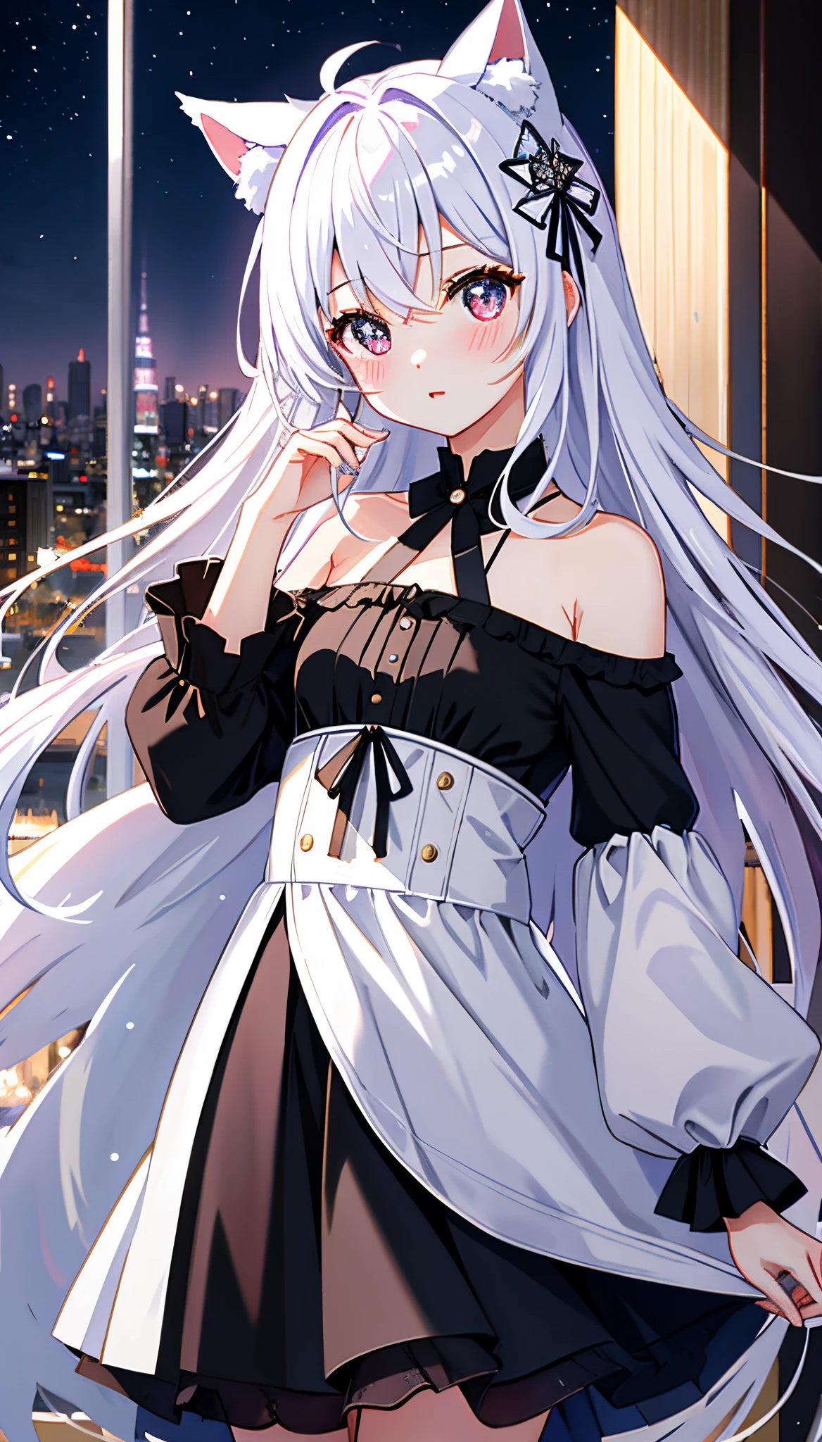 (masterpiece、hightquality、hight resolution、Top image quality)、
Romper、Big city blurred background、(colourfull:0.7)、(eyes focus:1.2)、viewer、The upper part of the body_Body、fish-eye lens、(in a house:1.1)、cute little、Warm light、Cute cat ears、
Blake 1 Lori、is standing、独奏、^ ^、(leaning_Forward:1.1)、missiles_Behind_Back、(wide eyed:1.1)、Head_tilt、bare shoulders、tiny chest、long eyeslashes、鎖骨、(red blush:0.95)、
break
Shiny skin、shinny hair、(Bright pupils:1.1)、Be curious、A detailed eye、hair adornments、length hair、Double-sided upward hair、White hair、skirt by the、shinny eyes、