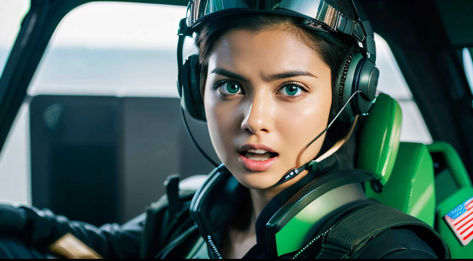 Beautiful woman wearing dark green pilot suit and helmet　　blue eyess.　Brown-skinned　Open Mouth and Screaming　～sit in the cockpit of a helicopter.