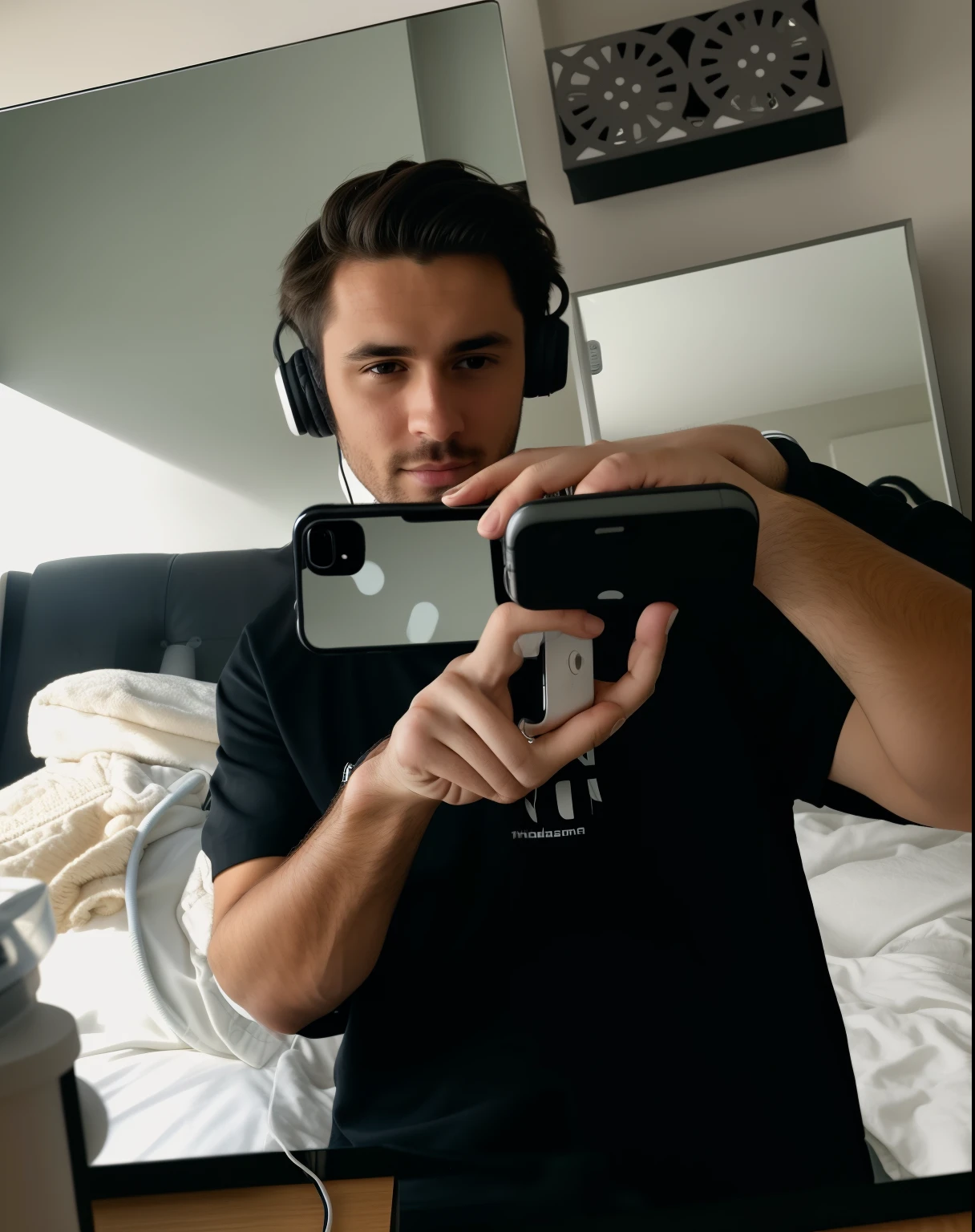 there is a man taking a picture of himself in the mirror, with head phones, very very low quality picture, with headphones, profile picture 1024px, low quality photo, 8k selfie photograph, # oc, #oc, he has headphones, iphone selfie, low quality photograph, very accurate photo, mirror selfie, wearing headphones