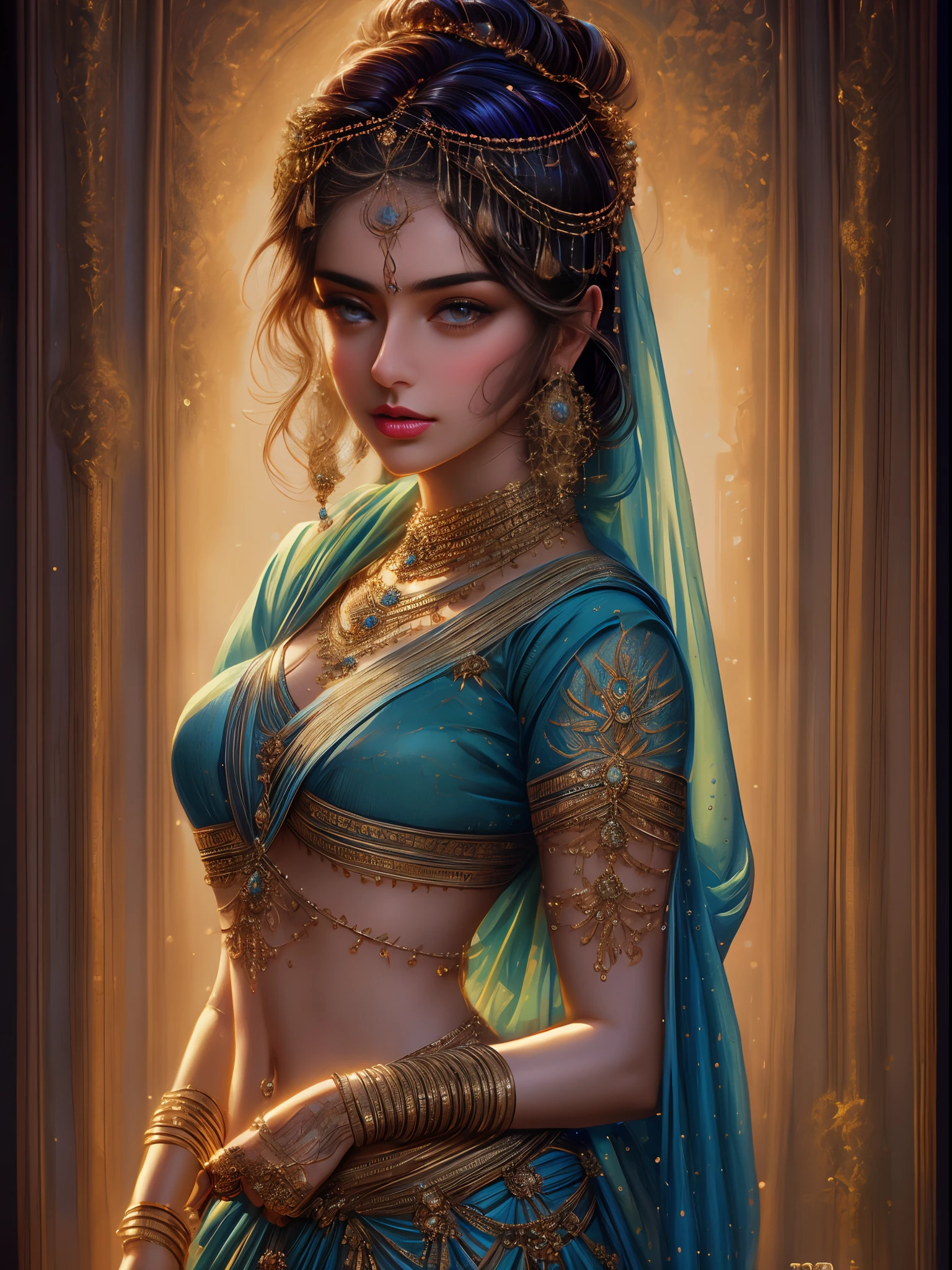 anusha in a blue sari with gold jewelry, beautiful character painting, realistic digital art 4k, realistic digital art 4 k, realistic cute girl painting, detailed beautiful portrait, detailed painting 4 k, painting of beautiful, 8k high quality detailed ar...