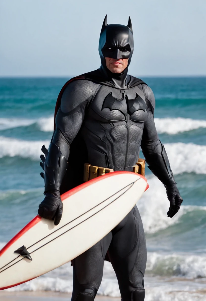 A photo of Bruce Wayne holding a surfboard, ready to hit the waves,Batman,Bruce Wayne, the man behind the Batman persona, is a striking figure with a tall, athletic build and sharp, handsome features, often dressed in the finest suits as befitting his status as a billionaire playboy. His dark hair and piercing gaze give him a commanding presence, yet there’s always a hint of the enigmatic in his demeanor.