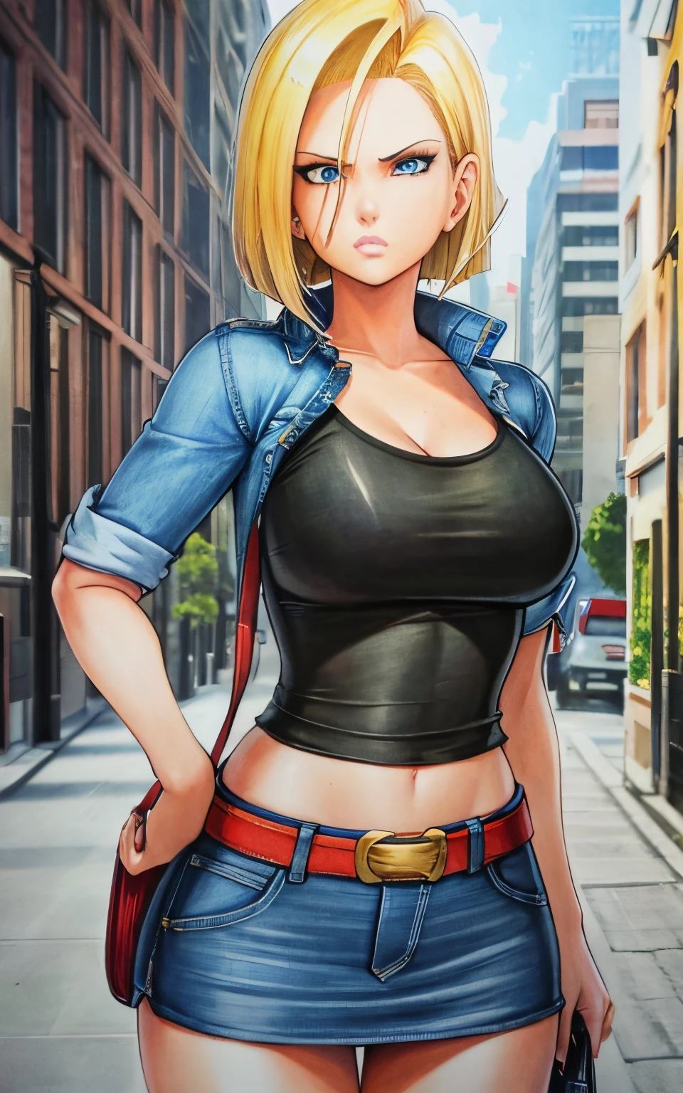 marker \(medium\), traditional media, unparalleled masterpiece, 8k uhd, perfect artwork, mature woman, android 18, blonde hair, blue eyes, short hair, photo, anime, tight black tshirt, crop top, denim jaket, cleavage, denim skirt