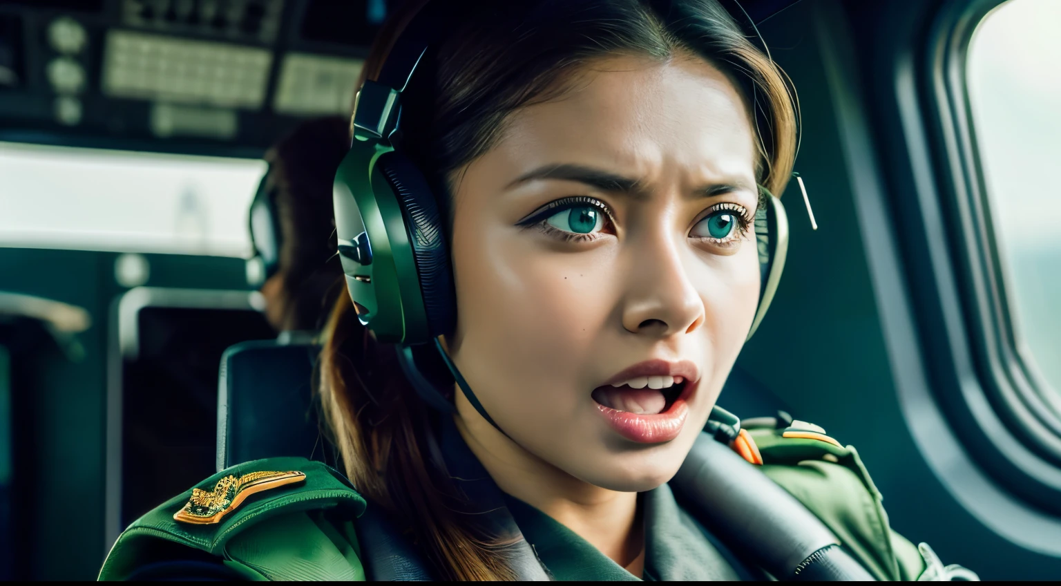 Beautiful woman wearing dark green pilot suit and helmet blue eyess. Brown-skinned Open Mouth and Screaming ~sit in the cockpit of a helicopter.