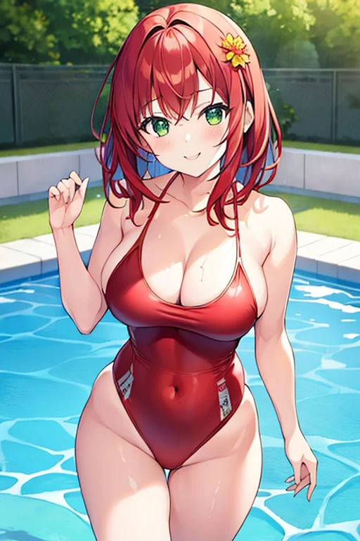 1girl, medium hair, red hair, flower ornament, hair ornament, ornament, one-piece swimsuit, green eyes, blue swimsuit, competition swimsuit, large breasts, thick thighs, wide hips, pool, poolside, smile, light smile, 2d, anime style, anime screencap, blue competition swimsuit