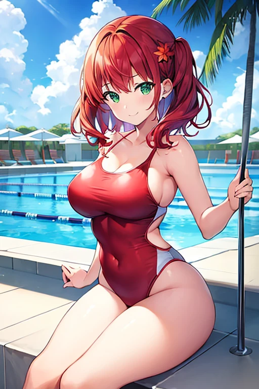 1girl, medium hair, red hair, flower ornament, hair ornament, ornament, one-piece swimsuit, green eyes, blue swimsuit, competition swimsuit, large breasts, thick thighs, wide hips, pool, poolside, smile, light smile, 2d, anime style, anime screencap, blue competition swimsuit