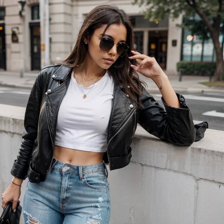 woman with sunglasses wearing ripped jeans, a white shirt and a black leather jacket