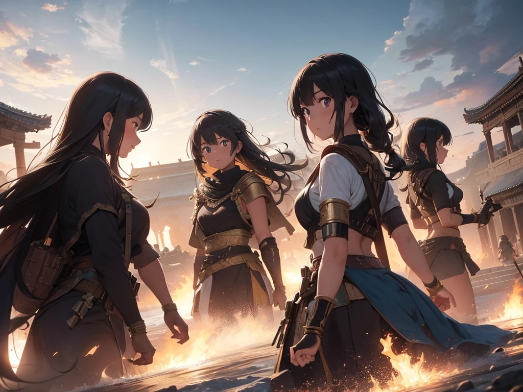 (5girls), a hyper-realistic and hyper-intricate cinematic VFX matte painting digital resource of an ancient battle in a detailed depiction of Indian Bharat warriors, adorned in canonical Bharat armor, engaged in fierce combat against the ancient army of Chinese sable warrior imperials within the Forbidden City. The background should showcase the Forbidden City in hyper-detailed historic consistency. Emulate an art style inspired by cinematic realism and incorporate elements from renowned matte painting artists . Utilize a long shot camera shot type with a 300mm+ lens to capture the sprawling battlefield. The lighting should emphasize the play of light and shadow on the warriors and architecture. Aim for an ultra-high resolution to highlight the intricate details. The desired outcome is to create a mesmerizing image that captivates viewers with its cinematic quality.