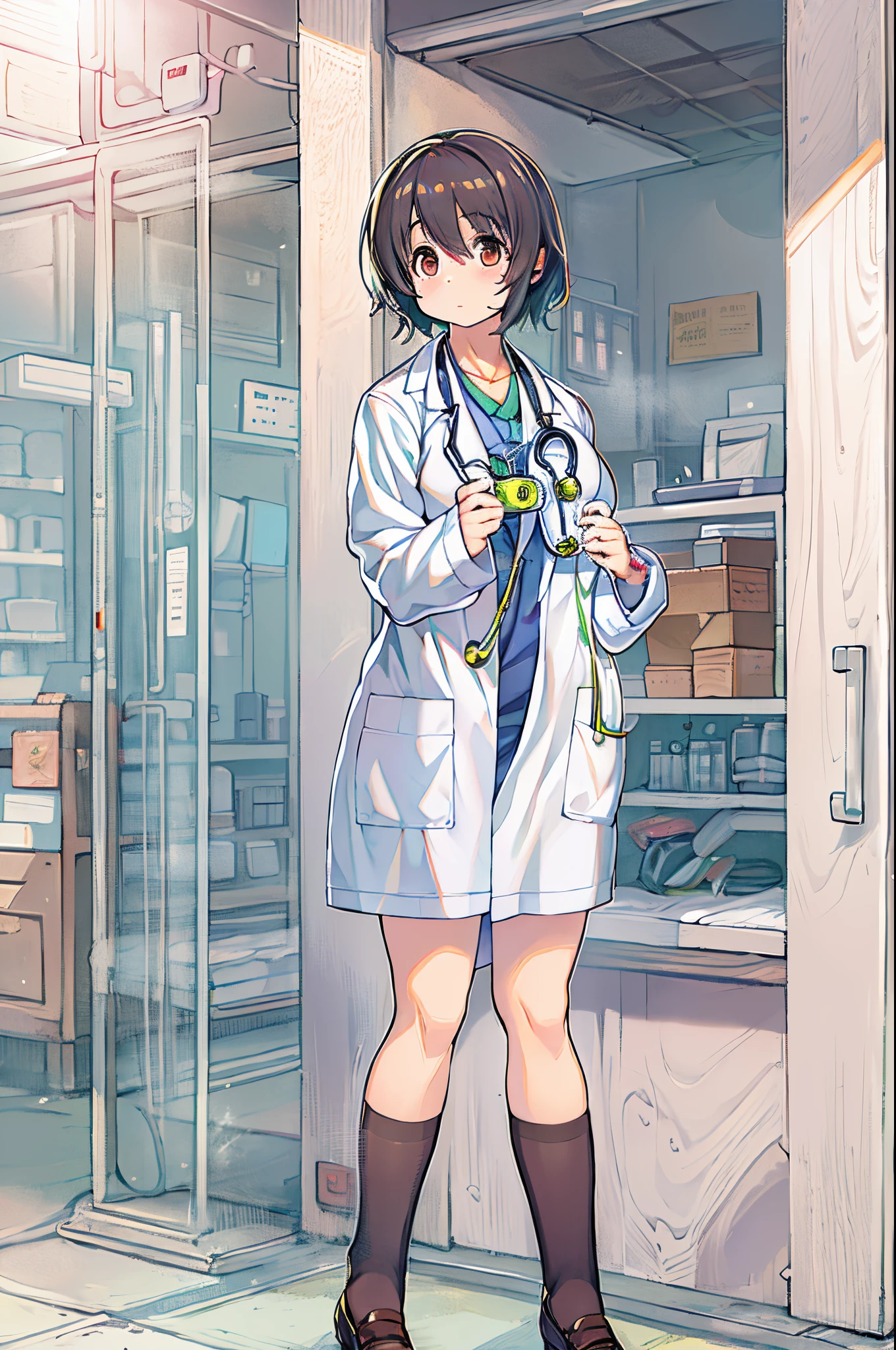 (Best Quality, masutepiece: 1.1), 1 girl、Anime character wearing a white lab coat, Smooth Anime CG Art, with white coat, wearing a white hospital gown, wearing lab coat and a blouse, With a stethoscope, doctor, makoto shinka, wearing lab coat, (doctor), By Shinkai Makoto. a digital rendering, stethoscope!, photorealistic anime girl render、huge-breasted、bbw