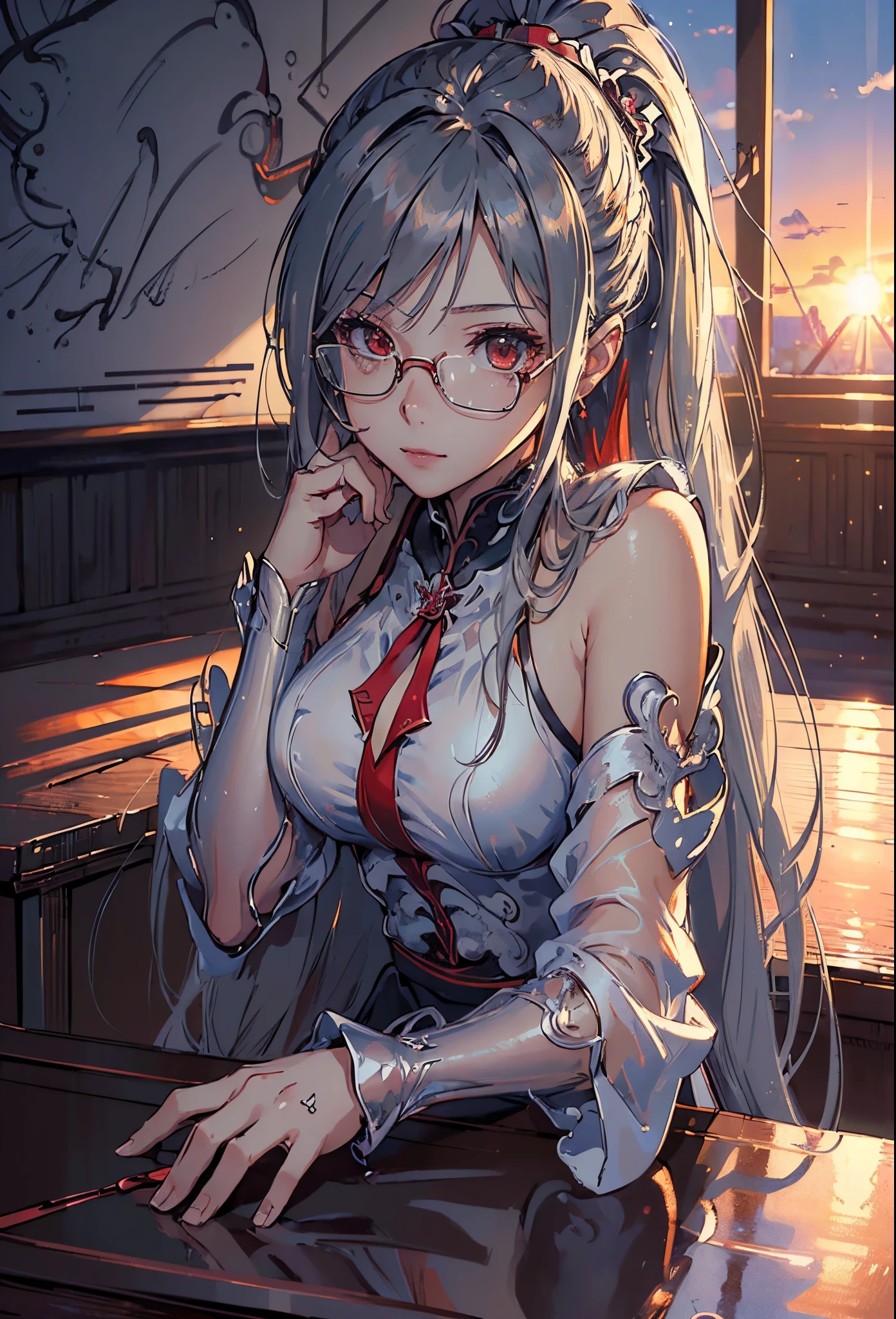 ((Sketch)), ((Watercolor)),((best quality)) ((best quality)), ((masterpiece)), (detailed), HD, Highly Detailed, 4k image, anime style, beautiful young teenage girl, 13 years old, tanned white skin, long waist length hair(red-white hair)(white highlights), soft facial features, heterochromatic eyes(left eye: silver)(right eye: red), elegant battle-styled sundress, cherry red plump lips, large E-cup breasts, short height(150cm). wide hips and large round ass, silver round-frame glasses