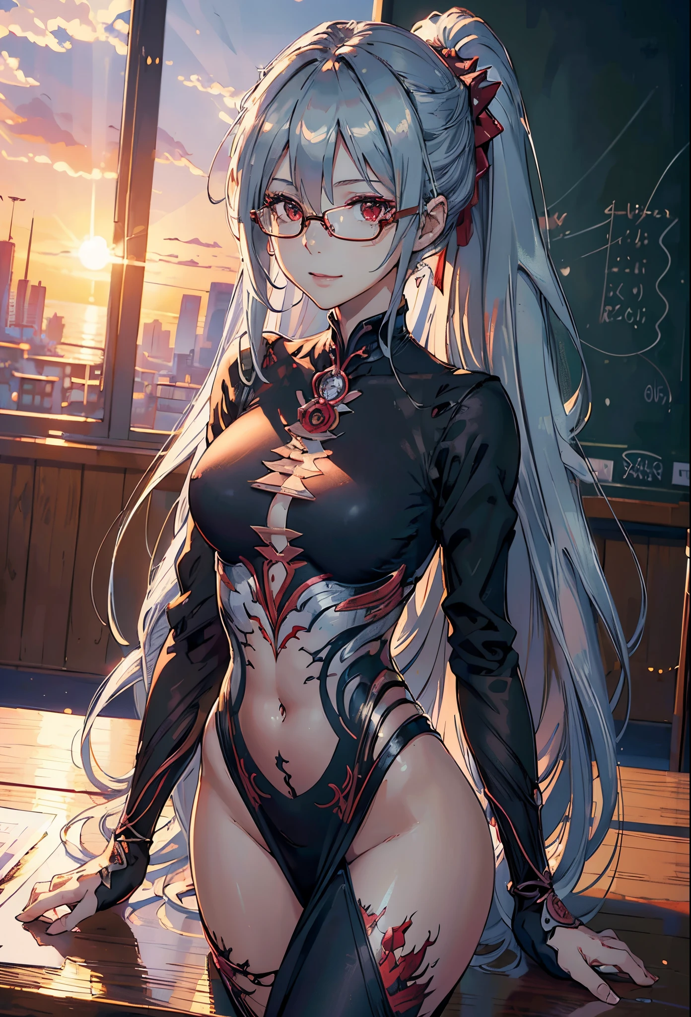 (((Masterpiece))),(((Best quality))),(((Amazing detail))),((illustration)),((A high resolution)),((8K)),((Anatomically correct)),Silver long hair, red eyes, High ponytail,Delicate hair,a matural female,black-frame glasses,Light smile,adjusting eyewear,angle of view,Anime,Depth of field,Classroom Background,Sunset,Soft light,From above,Lens flare