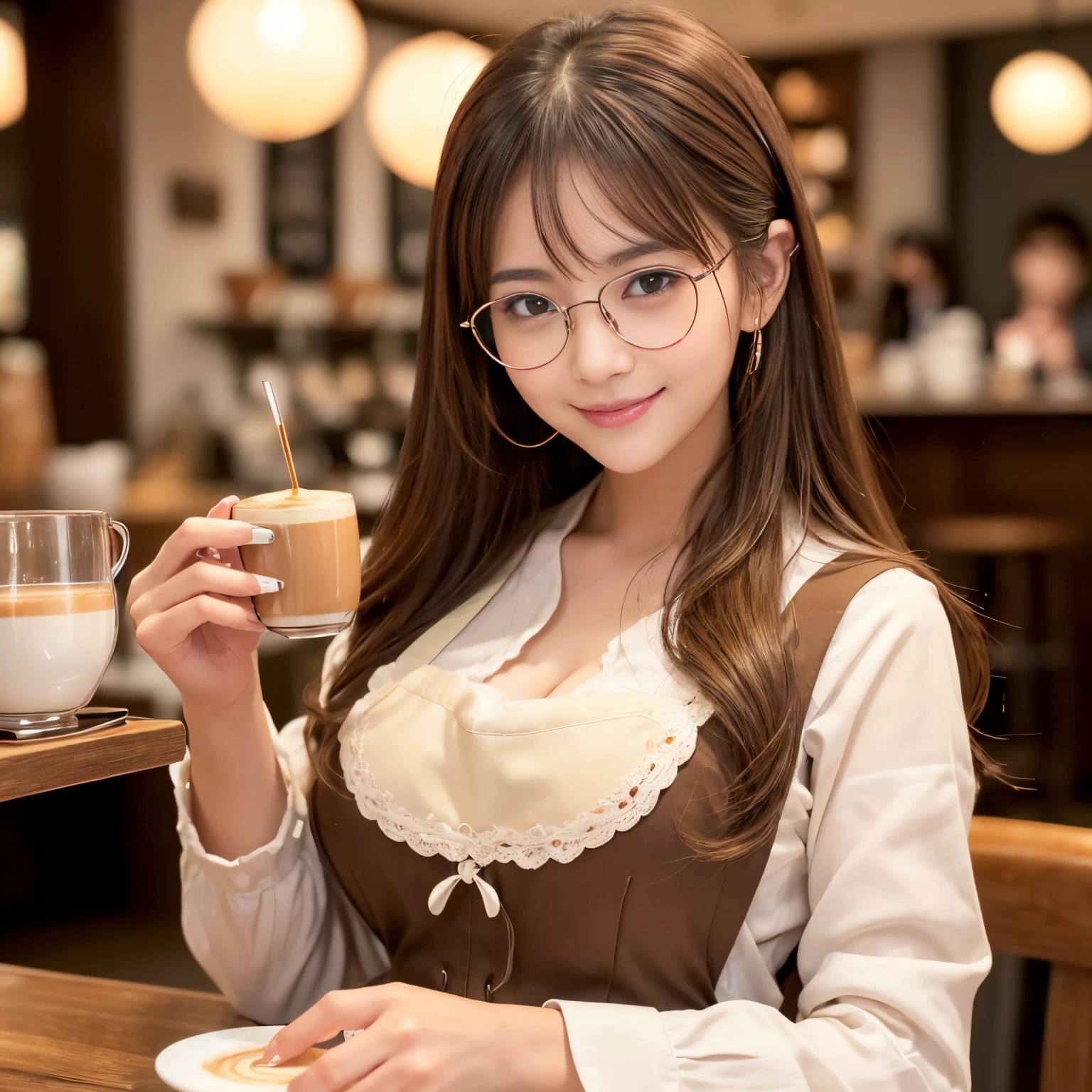 ((Best Quality, masutepiece, 超A high resolution、The most complex and detailed depictions)、(1人の女性,Female café clerk)、In a café with a calm atmosphere、Cafe clerk uniform、long-sleeve、(((Heart's Latte Art、Perfect Heart Latte Art、perfect hand、perfect fingers)))、Detailed and perfect café décor、Fashionable round glasses、round glasses with thick edges,、Light brown apron、Warm color lighting、natural make up, Looking at the camera,gently smiling、Take a photo from the waist up、,Staring at this、Long、large full breasts、Detailed café background、The most beautiful faces in Japan,View here、Perfect fingers,face perfect、细致背景、Fair skin、Crystal clear white skin、Perfect fingers、细致背景