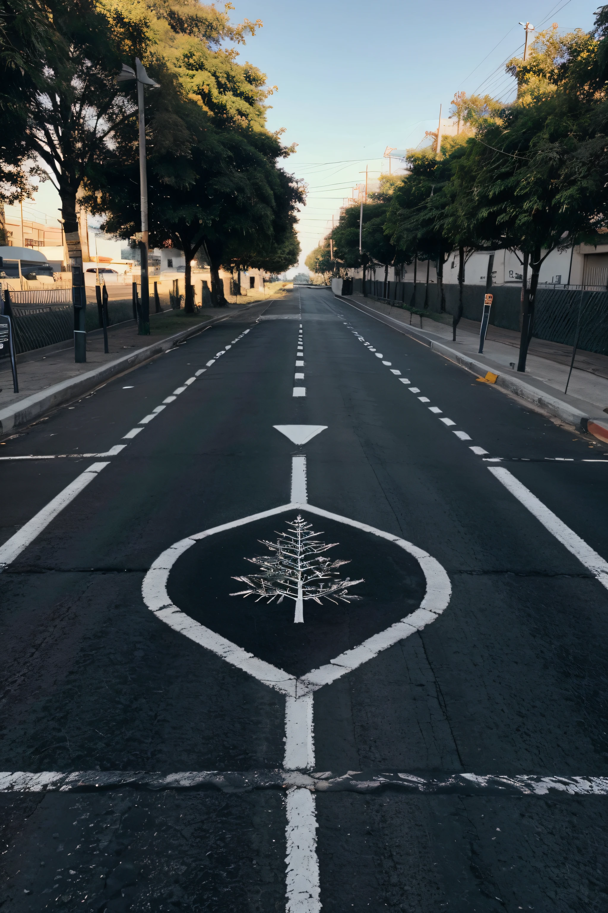 A Christmas tree whose branches and shape are made of asphalt, simulando uma estrada que sobe fazendo voltas em seu formato poligonal. It is made of black asphalt and has white lines painted in the middle..