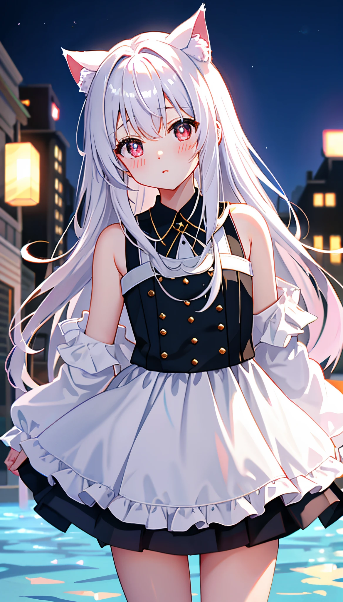 (masterpiece、hightquality、hight resolution、Top image quality)、
Romper、Big city blurred background、(colourfull:0.7)、(eyes focus:1.2)、viewer、The upper part of the body_Body、fish-eye lens、(in a house:1.1)、cute little、Warm light、Cute cat ears、
Blake 1 Lori、is standing、独奏、^ ^、(leaning_Forward:1.1)、missiles_Behind_Back、(wide eyed:1.1)、Head_tilt、bare shoulders、tiny chest、long eyeslashes、鎖骨、(red blush:0.95)、
break
Shiny skin、shinny hair、(Bright pupils:1.1)、Be curious、A detailed eye、hair adornments、length hair、Double-sided upward hair、White hair、skirt by the、shinny eyes、