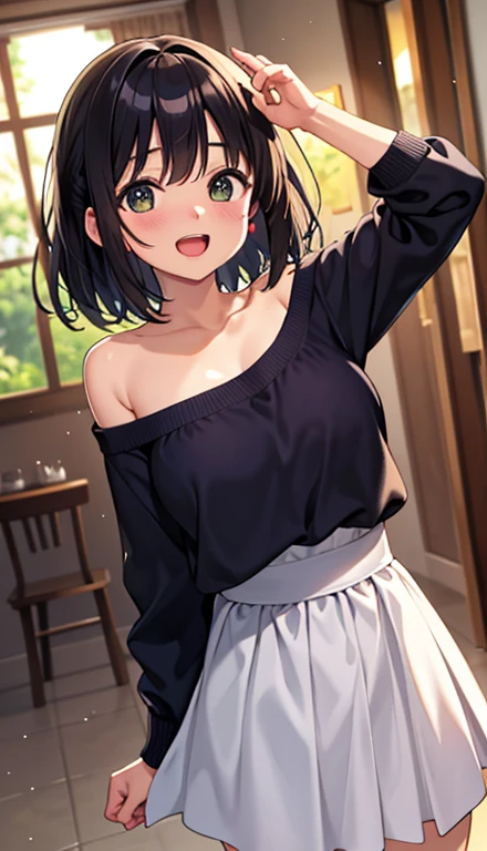 girl with、Comfortable wide neck sweater、The upper part of the body、(Huge laughter:1.1)、(Opening Mouth:1.1)、(widely opened eyes:1.2)、Delicat eyes、Sun glare、bokeh dof、depth of fields、blurry backround、Particles of light、、(Heart particles:1.1)、​masterpiece、