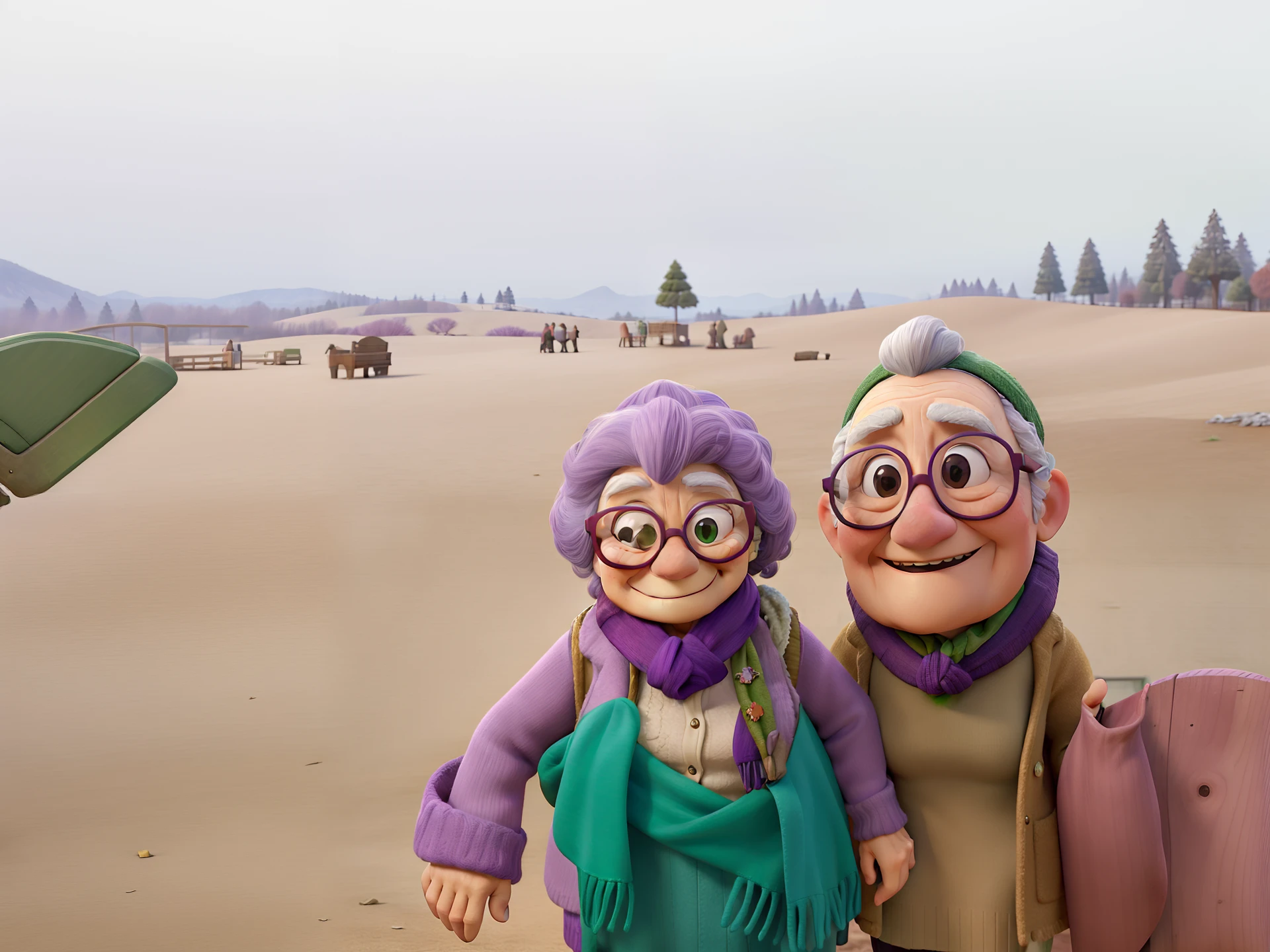 masterpiece, best quality, an old woman with glasses and a scarf on, wearing a purple coat and green scarf, standing at the park