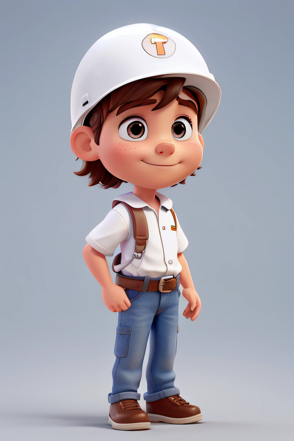 mascot similar to a disney pixar style boy with a white safety helmet and a plain white shirt