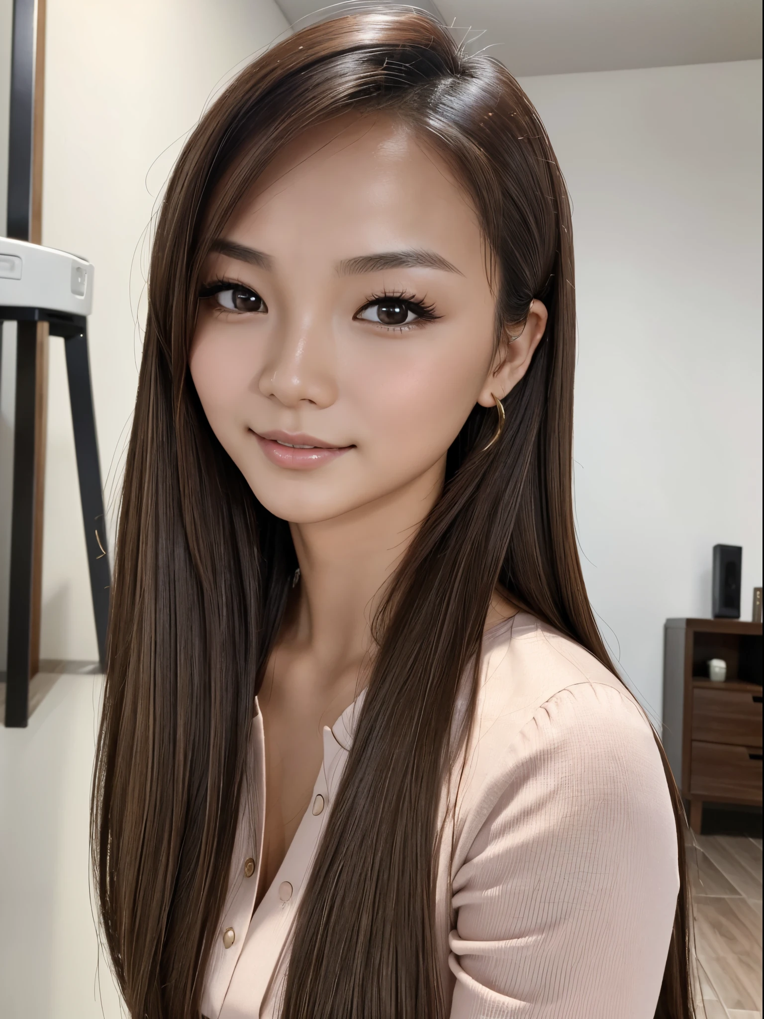 (Masterpiece), (Realistic), (best quality), blurred background, (idol_face), tanned_chinese_cute_28+years_woman, straight_brown-walnut_hair, (small)_forehead, ((small)_(rounded)_eyebrows), (brown-walnut_monolid_upturned_eyes), (double_eyelid), most beautiful_perfect_nose, big_round:1.4_feminine_cute_cheeks, round_feminine_cheekbone, thin:1.2_lips, (broad:1.3)_feminine_jaw, rounded_chin, short_153cm_beautiful_feminine_body, wearing_feminine_lawyer_tight_pencil_pink_skirt_white_shirt, sensual_friendly_expression, (looking_at_viewer)