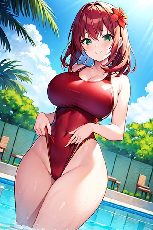 1girl, medium hair, red hair, flower ornament, hair ornament, ornament, one-piece swimsuit, green eyes, blue swimsuit, competition swimsuit, huge breasts, thick thighs, wide hips, pool, poolside, smile, light smile, 2d, anime style, anime screencap, blue competition swimsuit