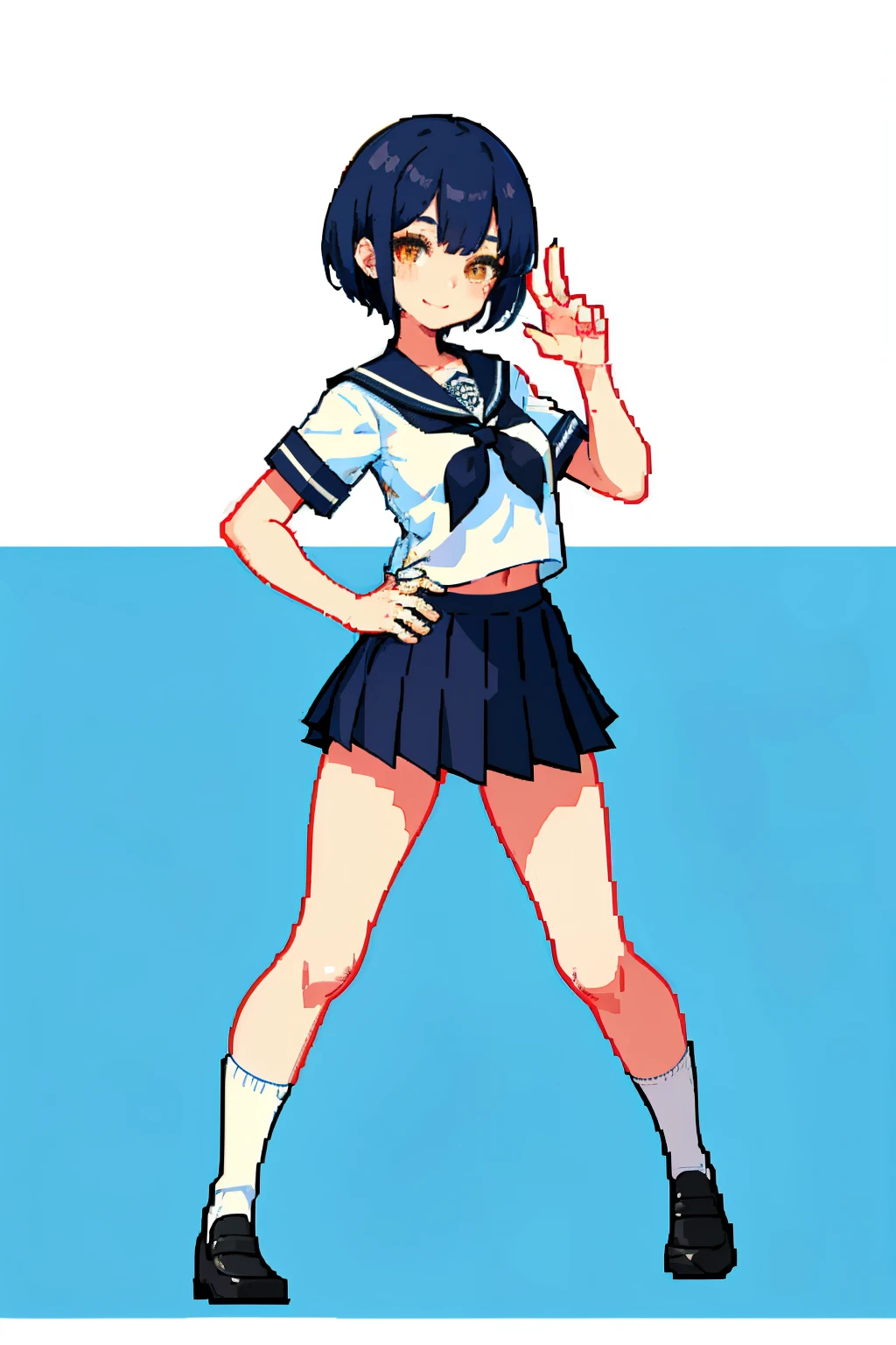 (名傌), ((Best Quality)), (Super Detail), 1 Girl, Blonde Straight Hair, Legs Open at School, Classroom, Desk, Blue Panties, Pubic Hair, Yellow Eyes, 15 Years Old, Skinny Legs, School Uniform, Skirt, Socks, Serafuk, Neckerchief, Sailor Color, Pleated Skirt, White Socks, Black Skirt, Short Sleeves, Shirt, White Shirt, Black Sailor Color, Blue Neckerchief, Wicked Smile, Bangs, Small Breasts, Cleavage, Perfect Hands, Hand Detail, Fixed Fingers, looking_al_Viewer, Top Quality, Rich Detail, Perfect Image Quality,