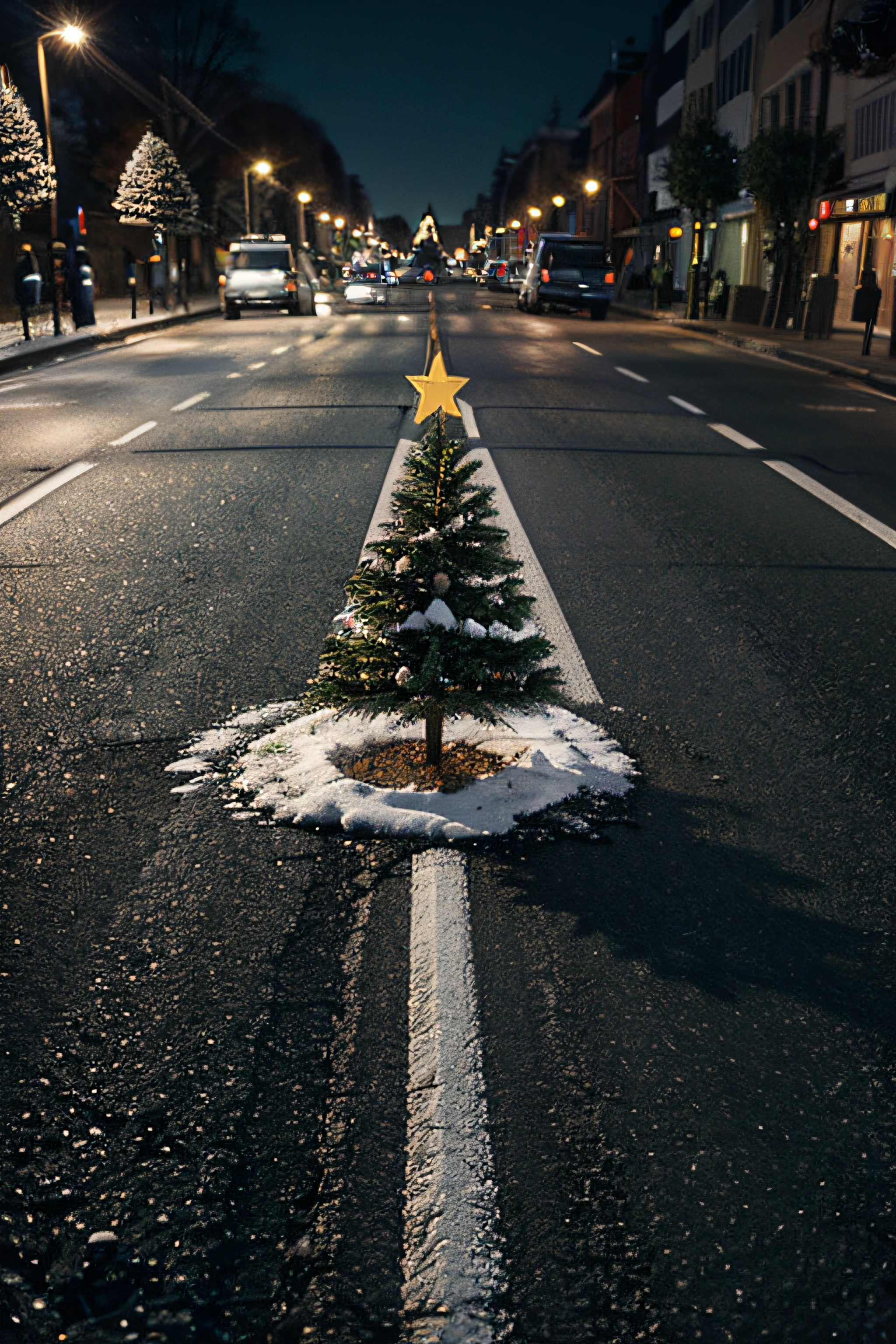 melting of a christmas tree and asphalt road