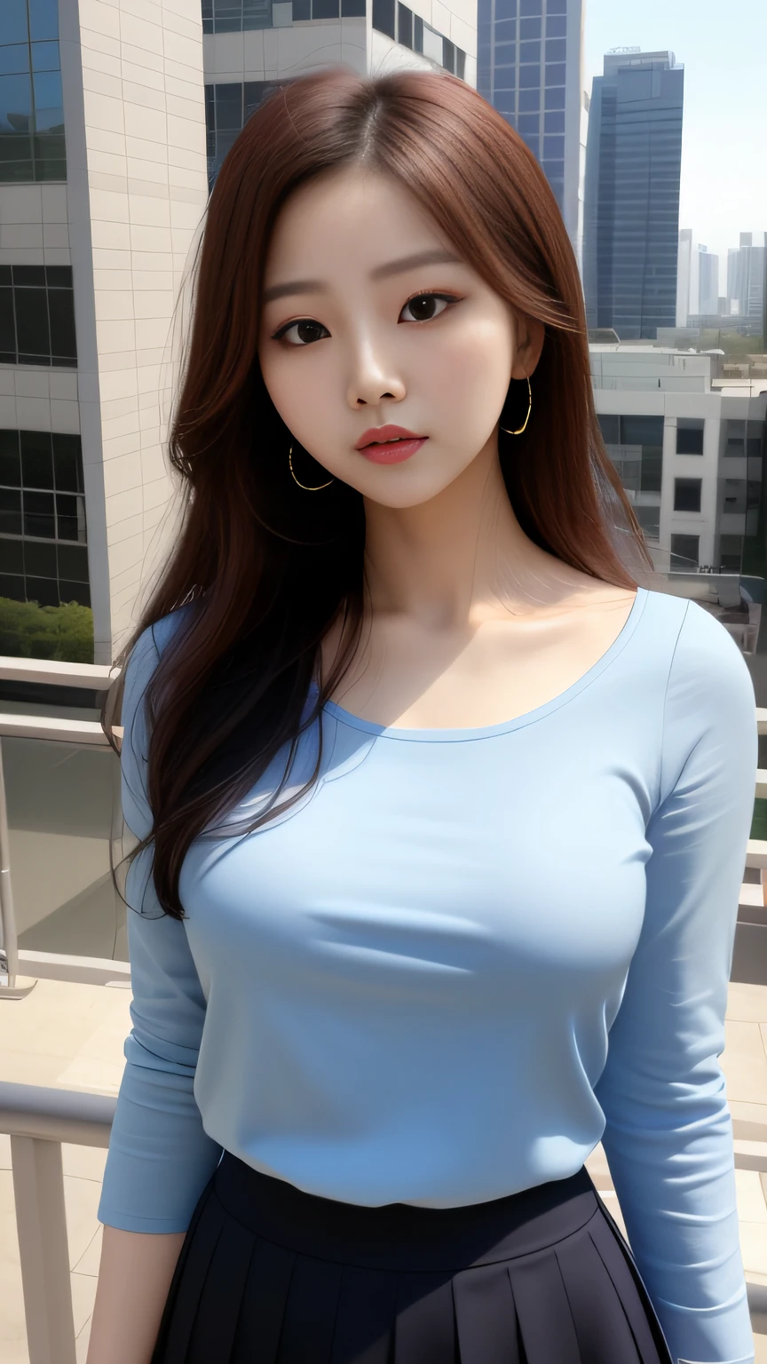 Araf woman wearing blue shirt and black skirt posing for photo, gorgeous young korean woman, Cui Xianhua, Blue tight T-shirt, attractive neck, parched,and the sun was shining brightly, Nam Jae-yeon, Height 165 cm, sunny mid day, Lee Ji-eun, lee ji eun, Height 155 cm, beautiful Korean women