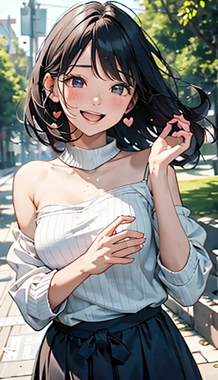 girl with、Comfortable wide neck sweater、The upper part of the body、(Huge laughter:1.1)、(Opening Mouth:1.1)、(widely opened eyes:1.2)、Delicat eyes、Sun glare、bokeh dof、depth of fields、blurry backround、Particles of light、、(Heart particles:1.1)、​masterpiece、