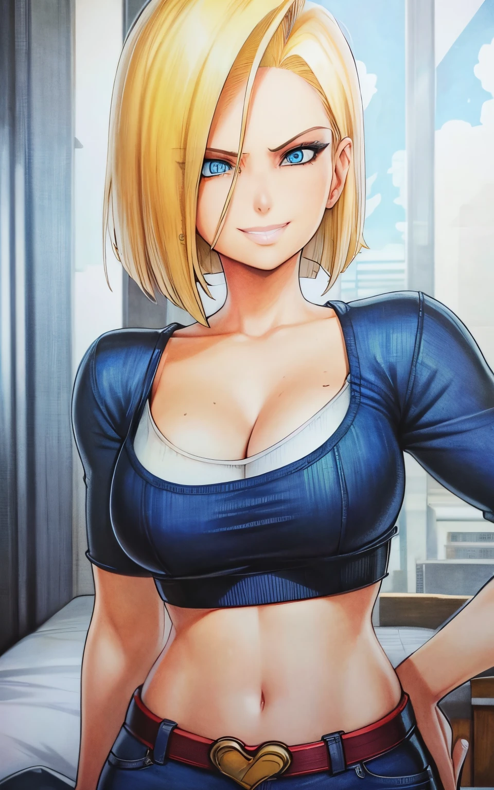 marker \(medium\), traditional media, unparalleled masterpiece, 8k uhd, perfect artwork, mature woman, android 18, blonde hair, blue eyes, short hair, photo, anime, tight pijamas, crop top, cleavage, ((gentle smile)), (((leand forward))), bedroom