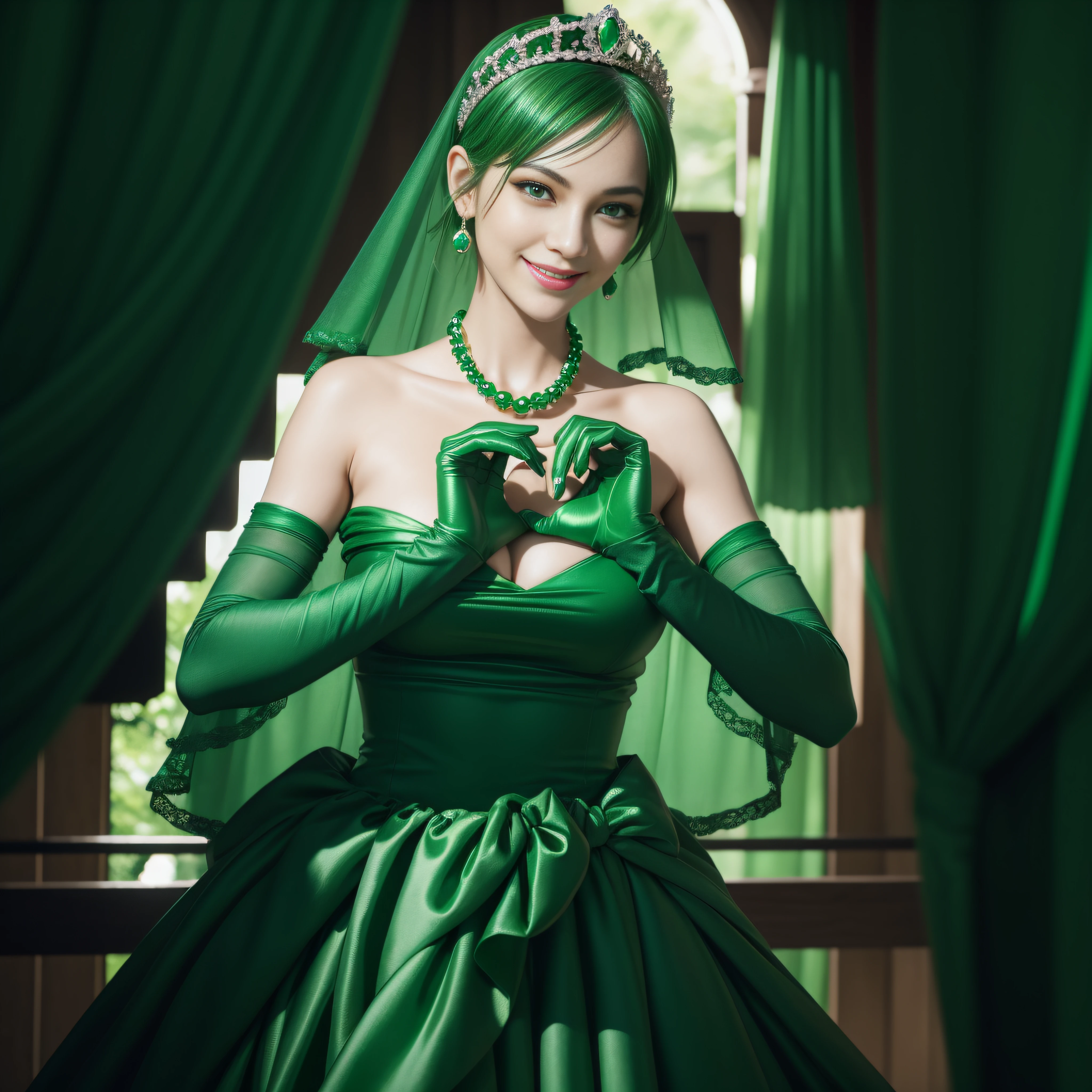 emerald tiara, Green Pearl Necklace, Boyish very short green hair, lipsticks, Japan woman smiling, very short short hair, big breasts beautiful, Green eyes, Long green gloves made of satin material, Green eyes, Emerald earrings