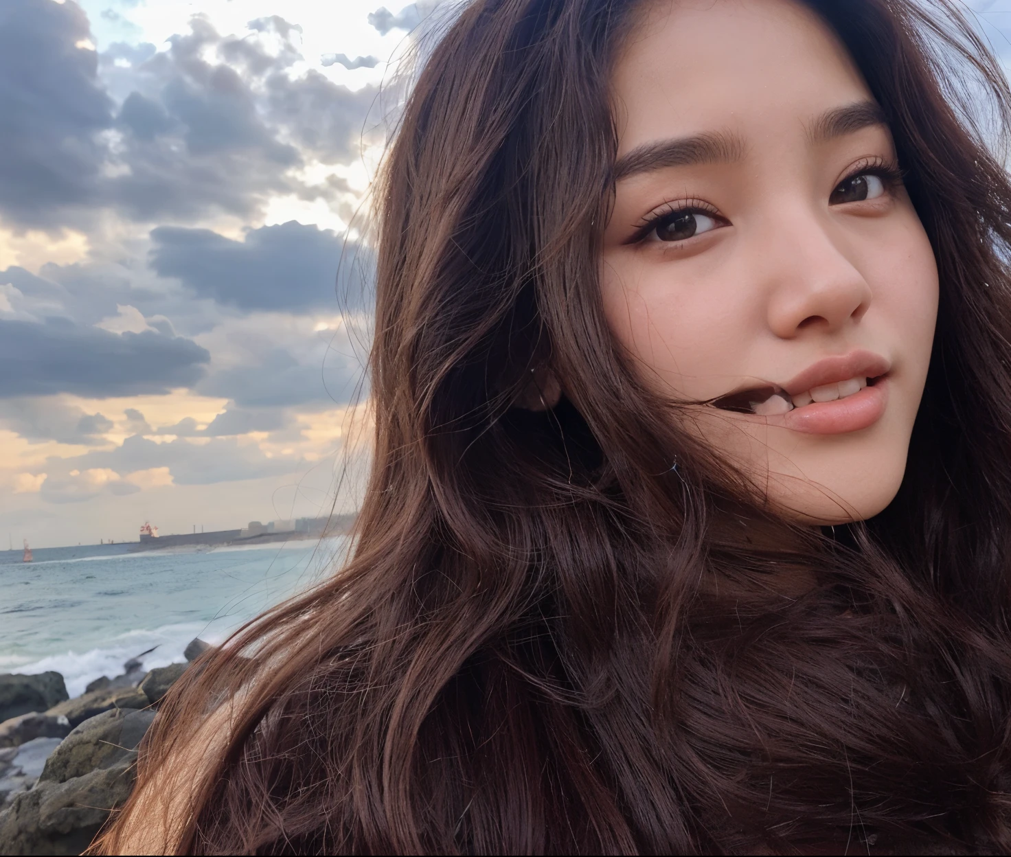 Arafa woman with long brown hair standing on the beach, Mulher sul-coreana bonita, mulher coreana jovem bonita, dilraba dilmurat, linda mulher coreana jovem, coreana, Jennie do Blackpink, Atriz coreana bonita