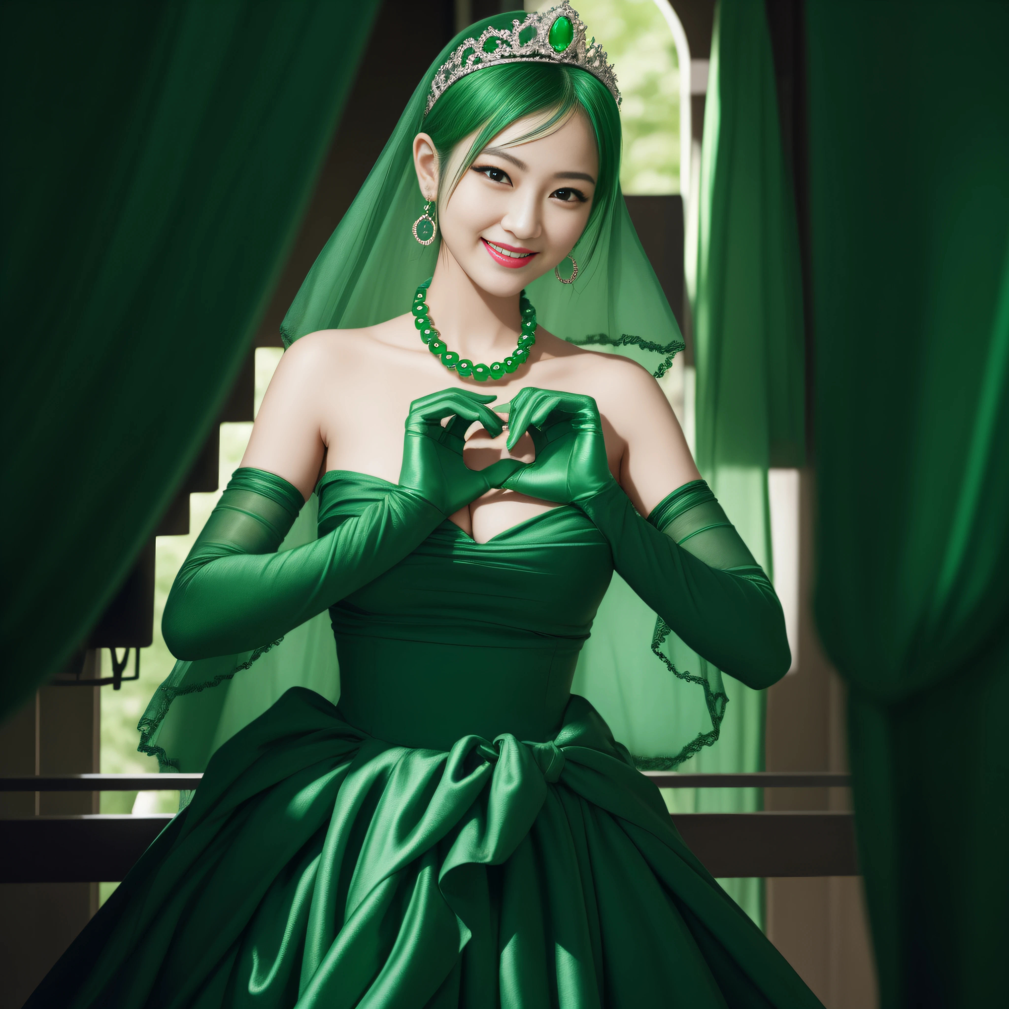 emerald tiara, Green Pearl Necklace, Boyish very short green hair, lipsticks, Japan woman smiling, very short short hair, big breasts beautiful, Green eyes, Long green gloves made of satin material, Green eyes, Emerald Earrings