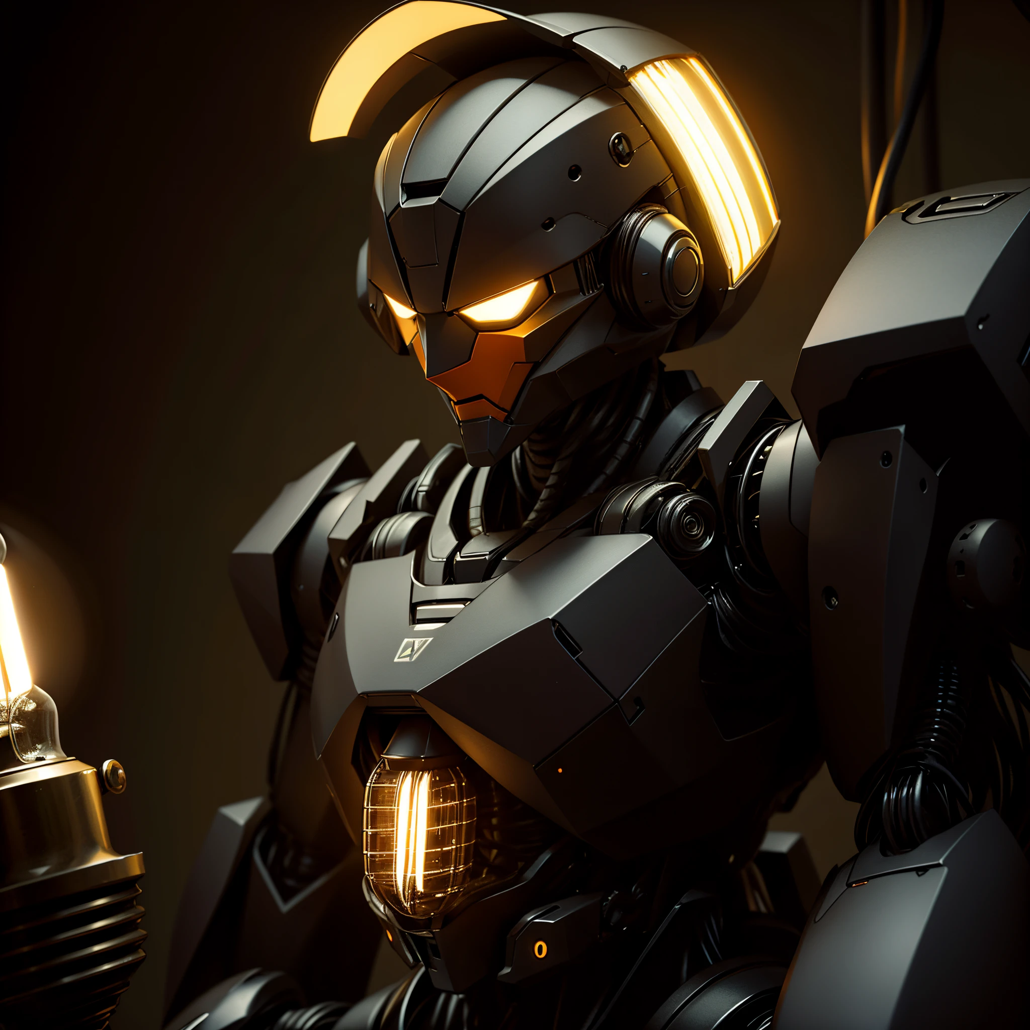 an orange robot with a human-like face and a large incandescent lightbulb attached to the top of his head. the lightbulb is as large as his head.
