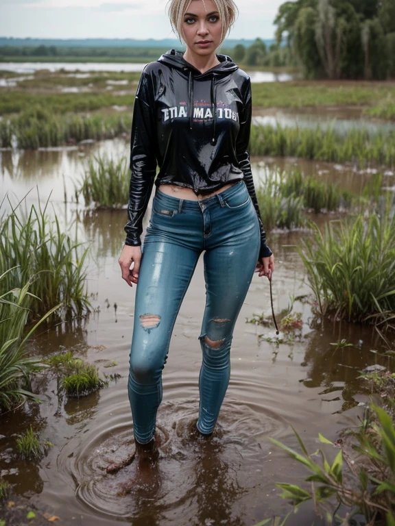 Create a photo of a very beautiful girl in black tights and without a bra and place her in a garabage and manure and mud Make her stay in a swamp where there is a lot of garbage, dirt, sticks and bottles Make the photo look dark, scary and dirty