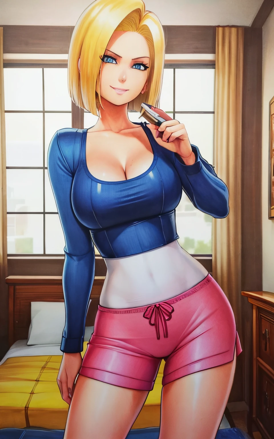 marker \(medium\), traditional media, unparalleled masterpiece, 8k uhd, perfect artwork, mature woman, android 18, blonde hair, blue eyes, short hair, photo, anime, tight pijamas, crop top, cleavage, ((gentle smile)), (((leand forward))), bedroom, pijamas