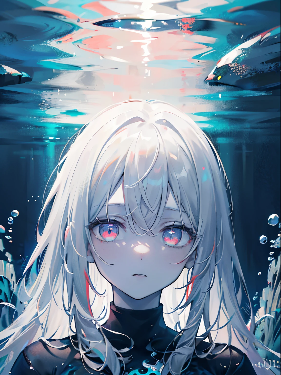 (masterpiece,best quality,ultra-detailed),1girl, black hair,beautiful and detailed face, detailed eyes,looking at viewer, multicolored eyes,((grey theme),pale skin, glowing eyes ,in the sea,((night)),dark ambient,(underwater)