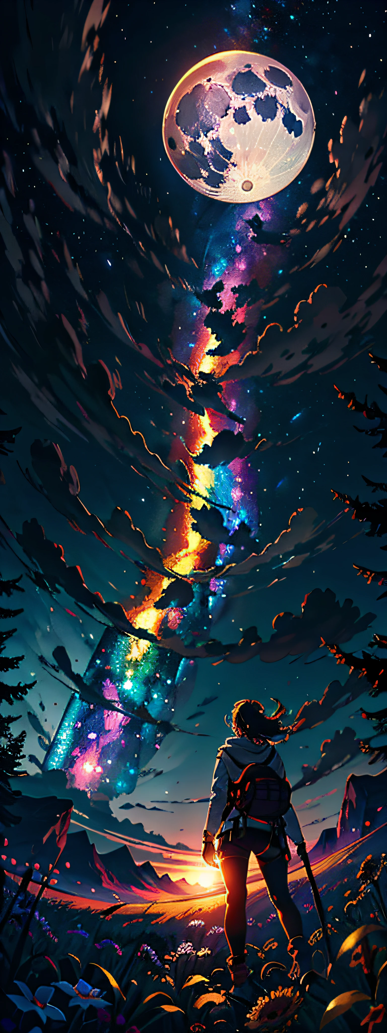 A wide landscape photo, (viewed from below, the sky is above, and the open field is below), a girl standing on a flower field looking up, (full moon: 1.2), (meteor: 0.9), (nebula: 1.3), distant mountains , Trees BREAK Crafting Art, (Warm Light: 1.2), (Firefly: 1.2), Lights, Lots of Purple and Orange, Intricate Details, Volumetric Lighting BREAK (Masterpiece: 1.2), (Best Quality), 4k, Ultra Detailed, (Dynamic Composition: 1.4), Rich in Detail and Color, (Rainbow Color: 1.2), (Glow, Atmospheric Lighting), Dreamy, Magical, (Solo: 1.2)