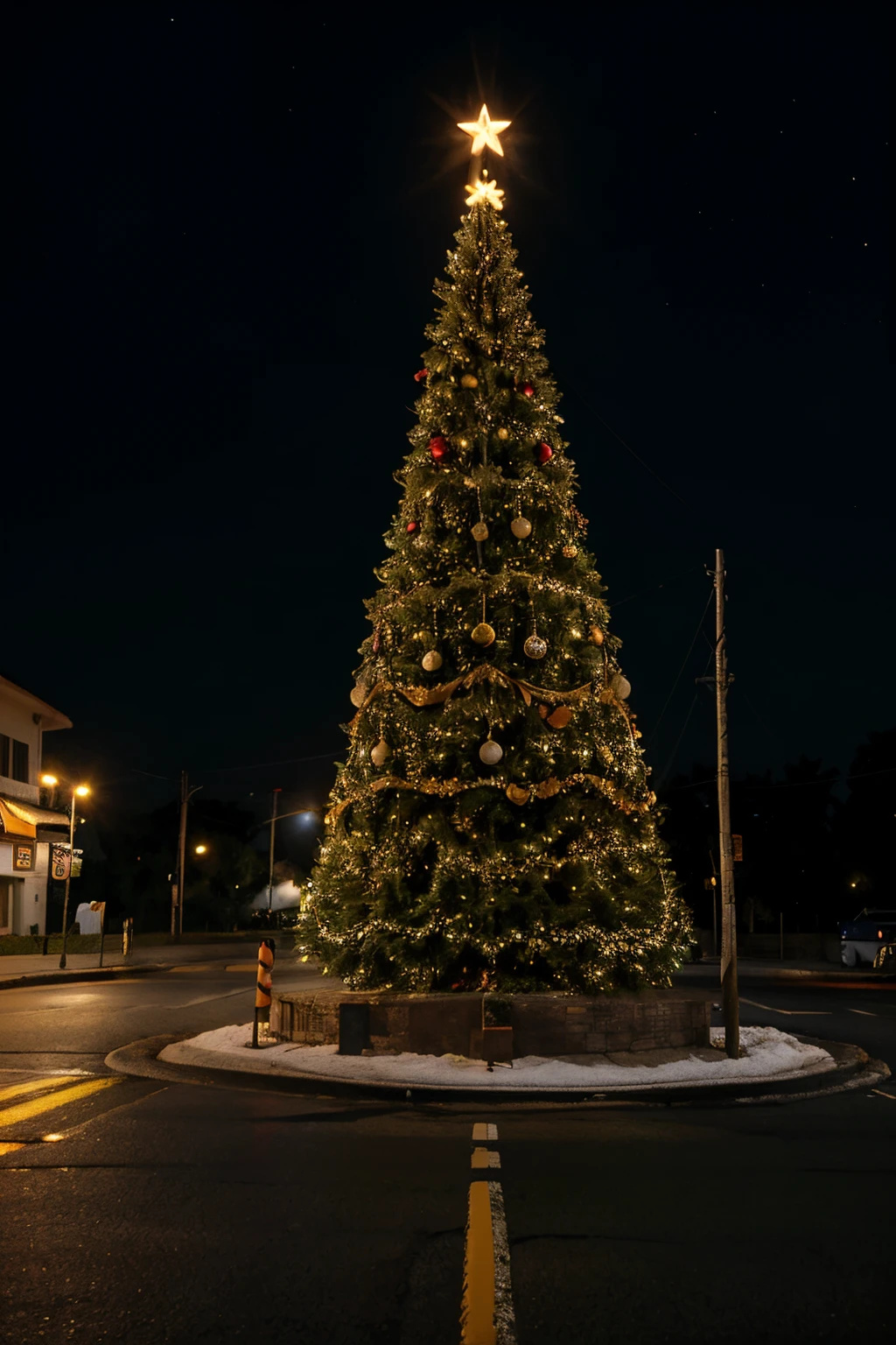 melting, orange signaling cone, Christmas tree, na estrada, uma noite iluminada por luzes de natal