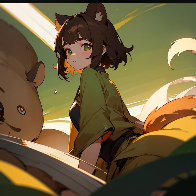 Young girl with short brown hair , with tanuki ears and tail , gameplay, likes to drink, an asian woman, Green eyes