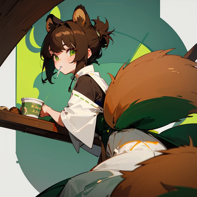 Young girl with short brown hair , with tanuki ears and tail , gameplay, likes to drink, an asian woman, Green eyes